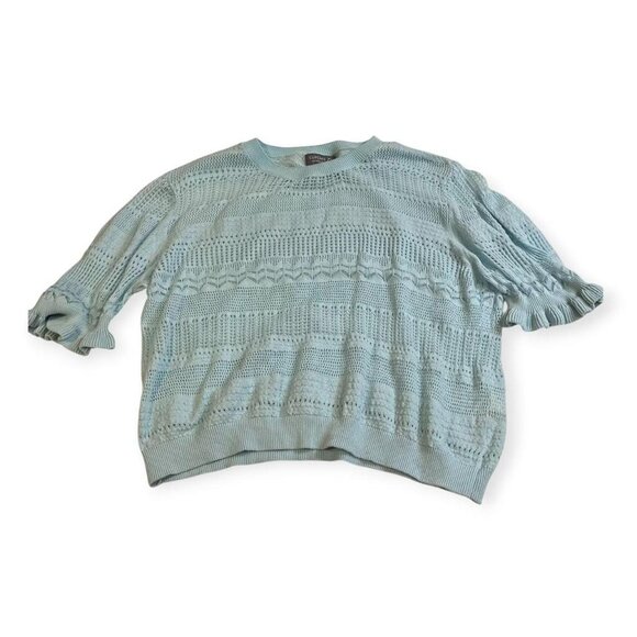 y2k turquoise mint green crochet knit eyelet pointelle 3/4 sleeve top coquette - Picture 3 of 9